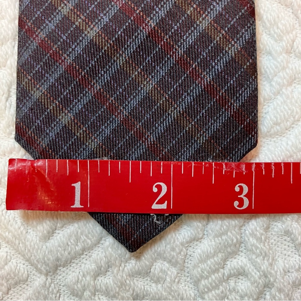 Vintage Louis Feraud Paris plaid silk blend skinny tie, purple, red, grey, gold - Picture 7 of 8
